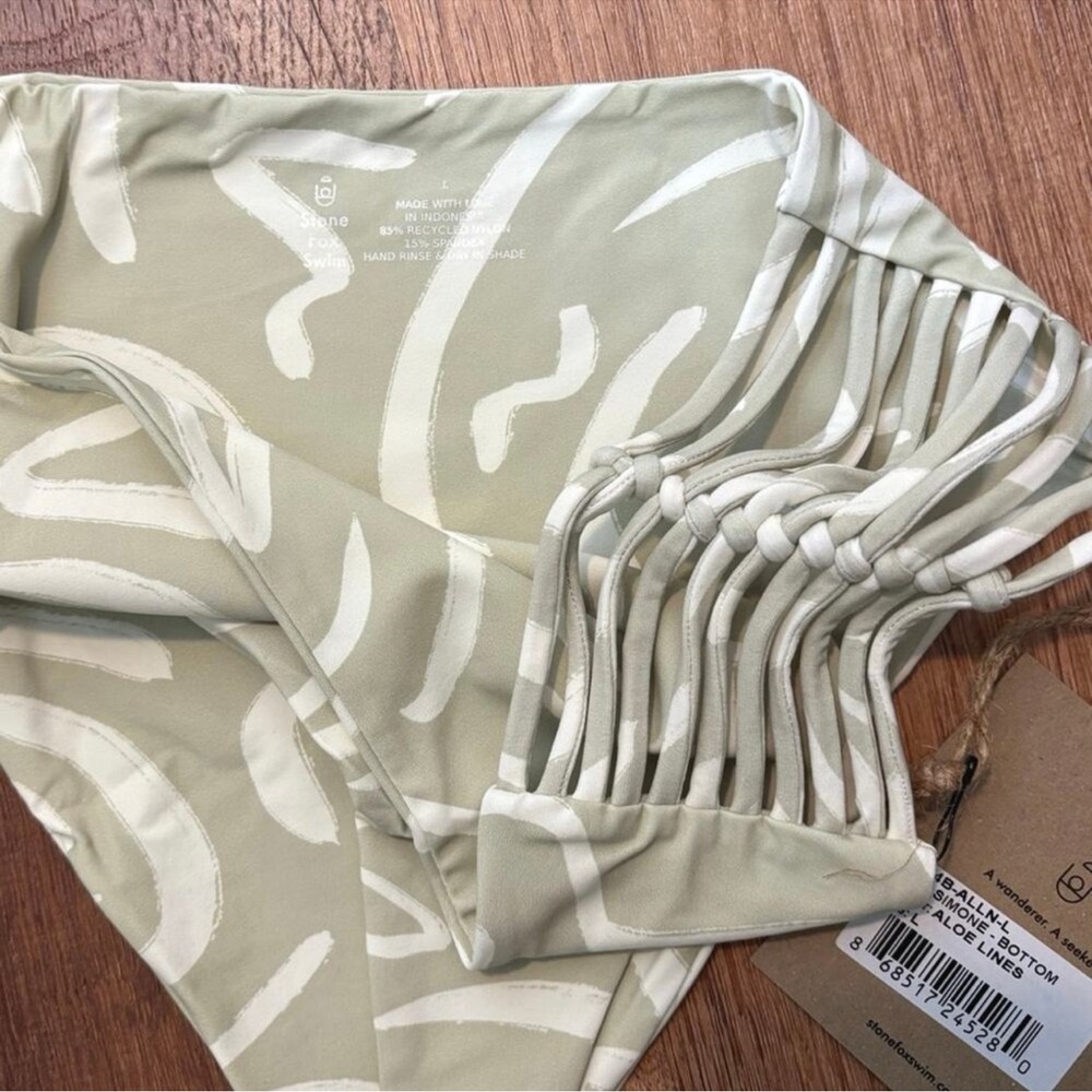2/$80 NWT Stone Fox Swim Simone Bikini Bottom - Aloe Lines Light Green - Picture 4 of 5